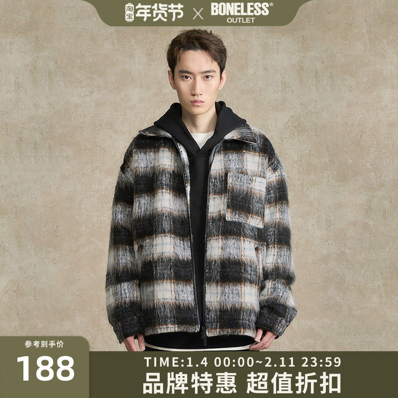 BONELESS拉链格纹毛呢短夹克简约胶标冬季保暖外套宽松撞色上衣