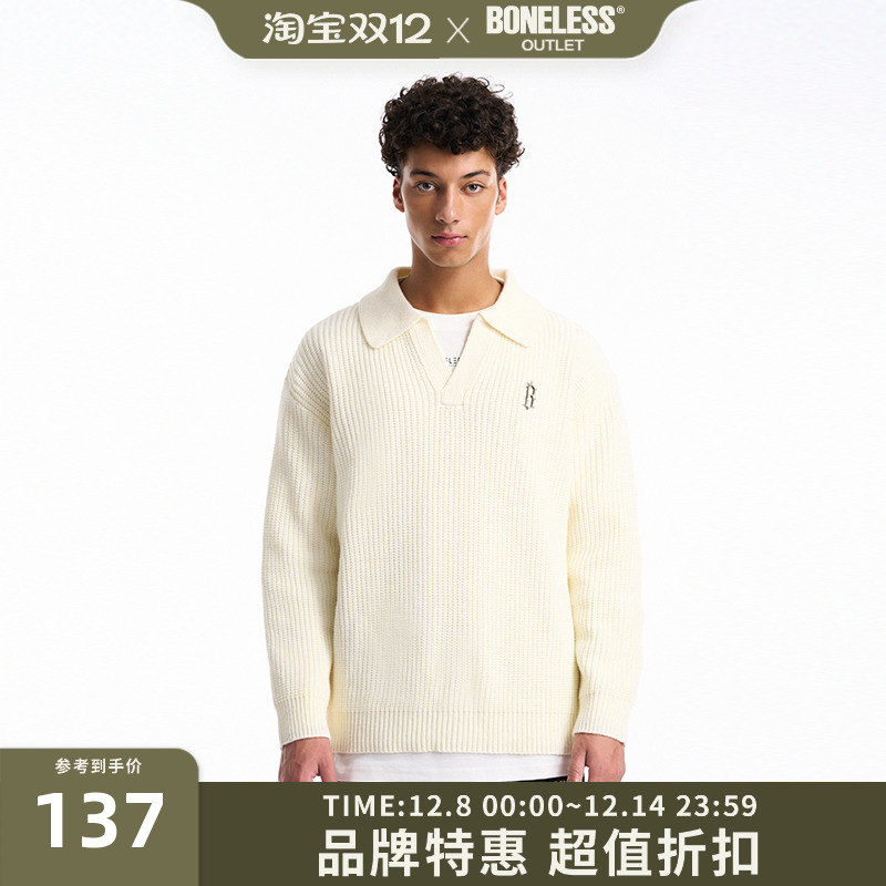 BONELESS针织珠地polo衫翻领宽松套头金属标简约羊毛毛衣百搭上衣