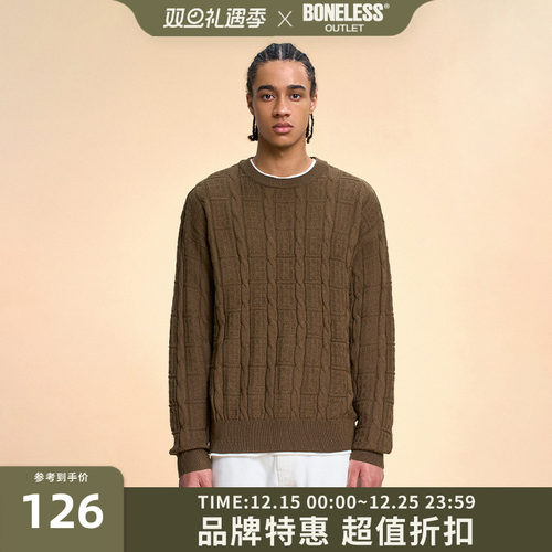 BONELESS圆领暗纹B字logo毛衣简约麻花宽松羊毛套头保暖针织上衣