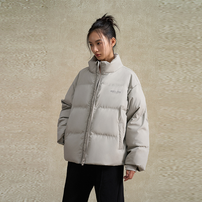 BONELESS基础宽松印花棉服拉链冬季保暖外套简约休闲立领防寒棉衣