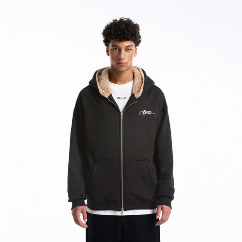 BONELESS图案印花仿貂毛拉链连帽卫衣宽松加绒保暖街头潮牌帽衫冬