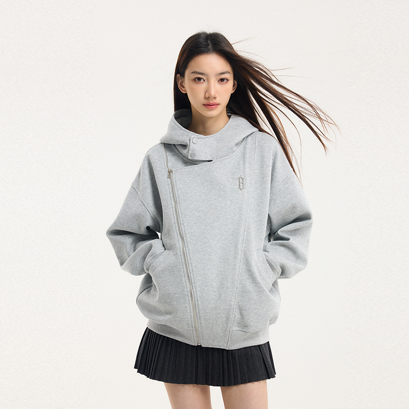 BONELESS春季2025新款机车连帽拉链开衫卫衣铁标logo宽松潮牌外套