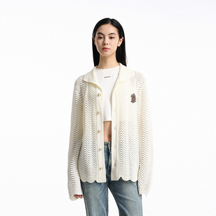 BONELESS镂空波浪针织开衫 polo领弹力宽松外套珍珠扣简约外搭毛衣