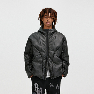 BONELESS洗水做旧PU皮棉服冬季 高街分割结构连帽保暖外套男 美式