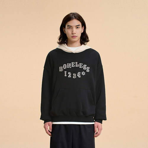 BONELESS排版烫钻撞色LOGO帽衫宽松连帽重磅卫衣秋套头刺绣上衣