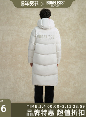 BONELESS基础LOGO印花长款羽绒服冬季保暖大衣防寒加厚连帽外套