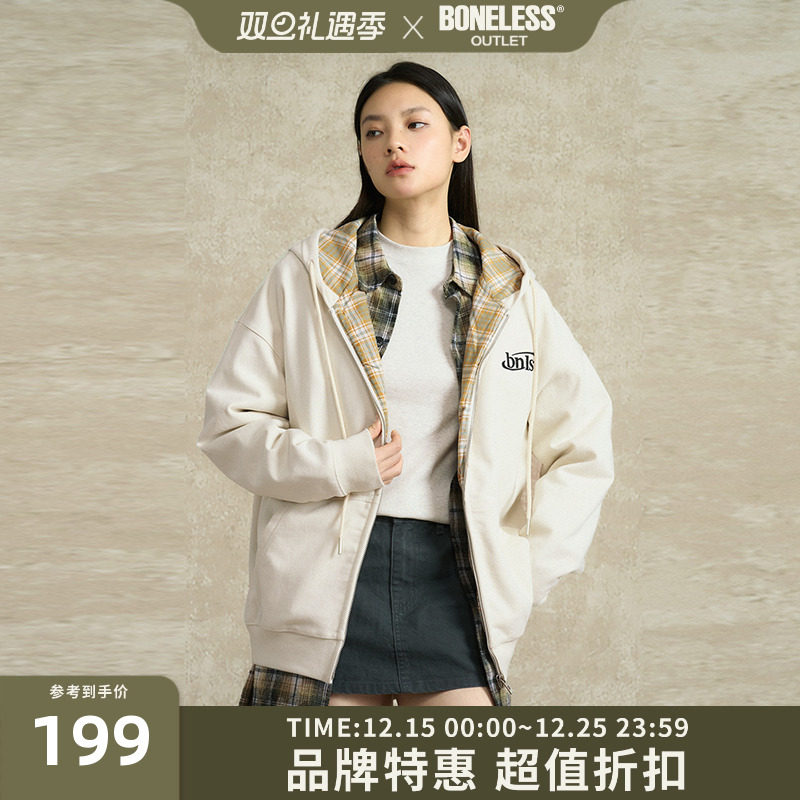 BONELESS格纹拼接连帽拉链帽衫宽松刺绣重磅开衫卫衣休闲潮牌外套