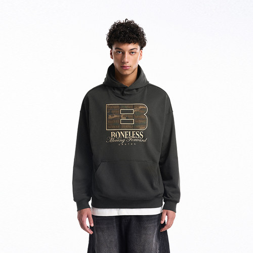 BONELESS迷彩贴布绣印花卫衣重磅宽松连帽上衣休闲街头潮牌帽衫秋