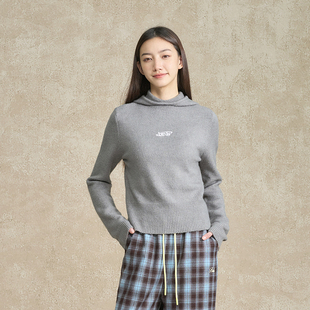 BONELESS修身 女 连帽针织毛衣刺绣logo百搭简约上衣套头高领打底衫