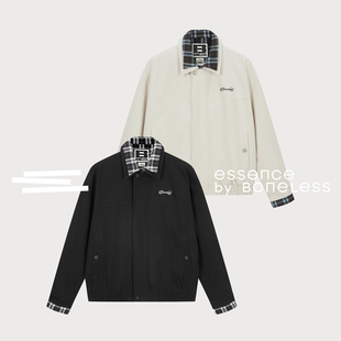 假两件撞色拼接格子翻领刺绣夹克纯棉支线Essence by BONELESS