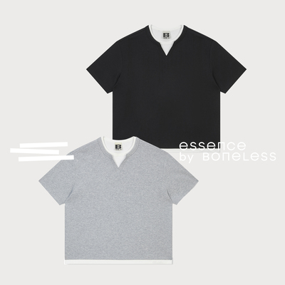 假两件亨利领拼色短袖T恤刺绣休闲上衣支线Essence by BONELESS