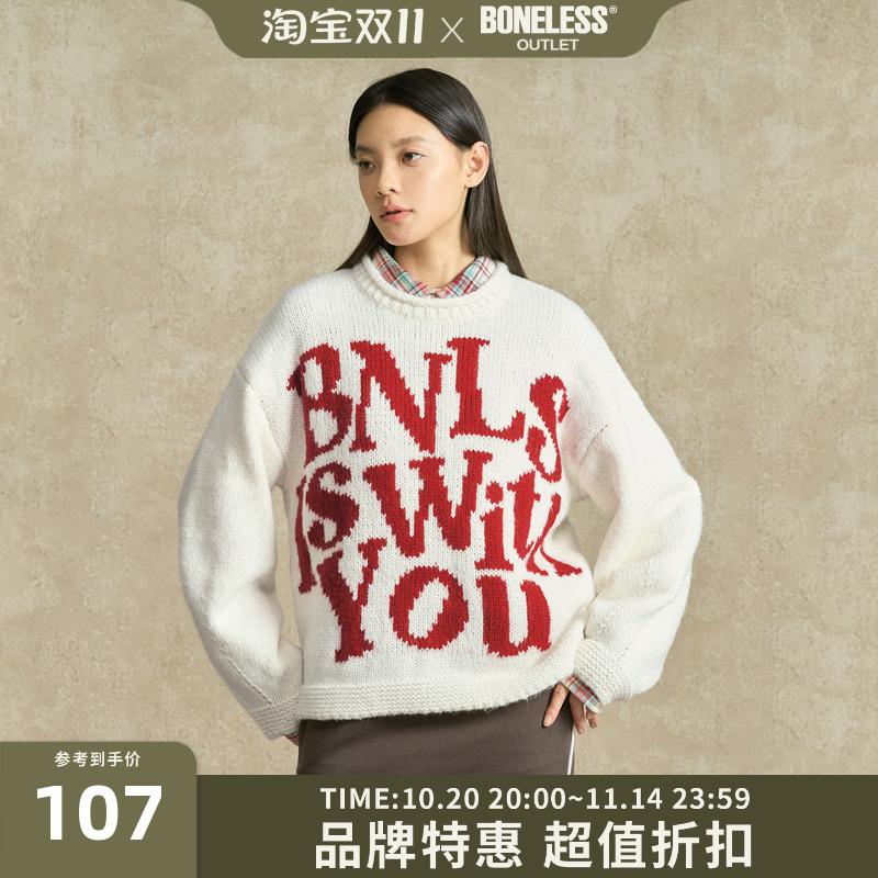 BONELESS大字撞色提花套头毛衣宽松圆领套头上衣弹力百搭针织衫冬