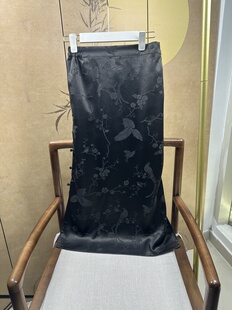 100%桑蚕丝45姆米老料油亮黑色重缎香云纱喜上眉梢两侧开叉半身裙