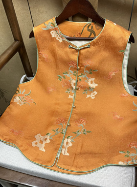 100%桑蚕丝35姆米四重围富贵橙色花老宋锦马甲新中式国风马甲