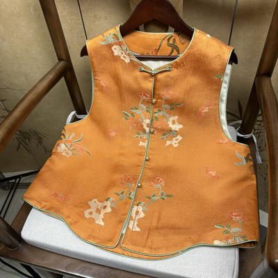 100%桑蚕丝35姆米四重围富贵橙色花老宋锦马甲新中式国风马甲