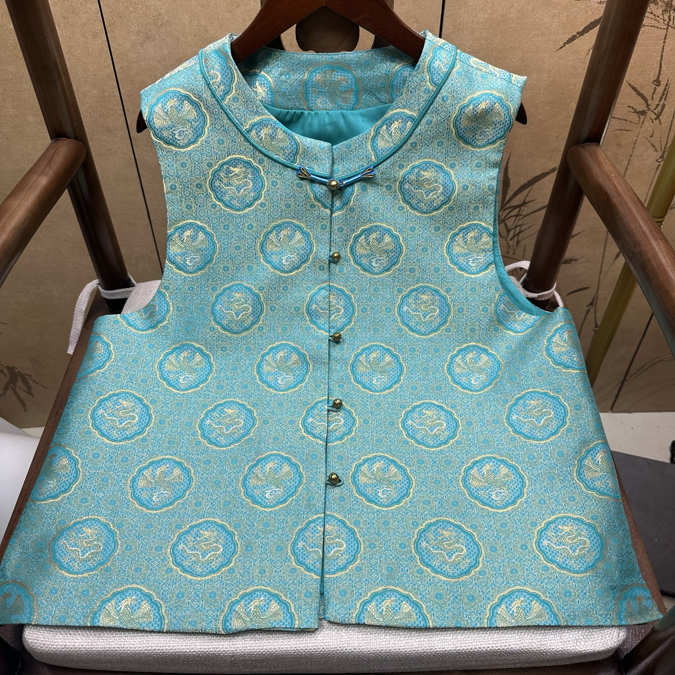 满分桑蚕丝老宋锦马甲湖蓝色龙凤纹老宋锦织金马甲新中式国风马甲