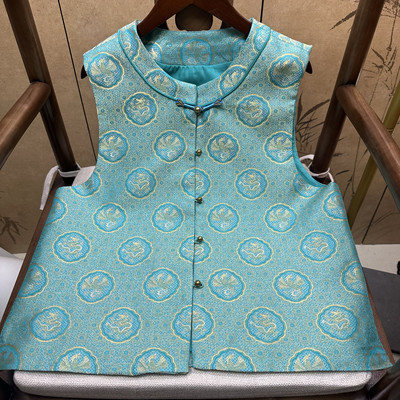 满分桑蚕丝老宋锦马甲湖蓝色龙凤纹老宋锦织金马甲新中式国风马甲