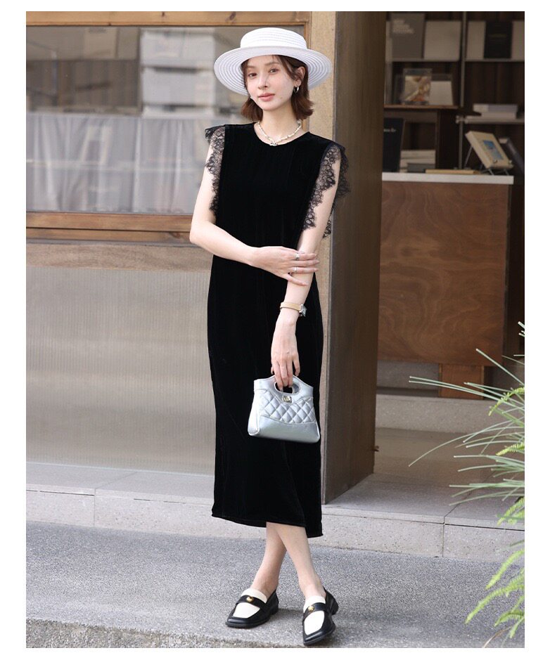 100%桑蚕丝小清新减龄真丝丝绒蕾丝花边无袖连衣裙女高级感黑色