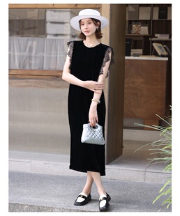 桑蚕丝小清新减龄真丝丝绒蕾丝花边无袖连衣裙女高级感黑色
