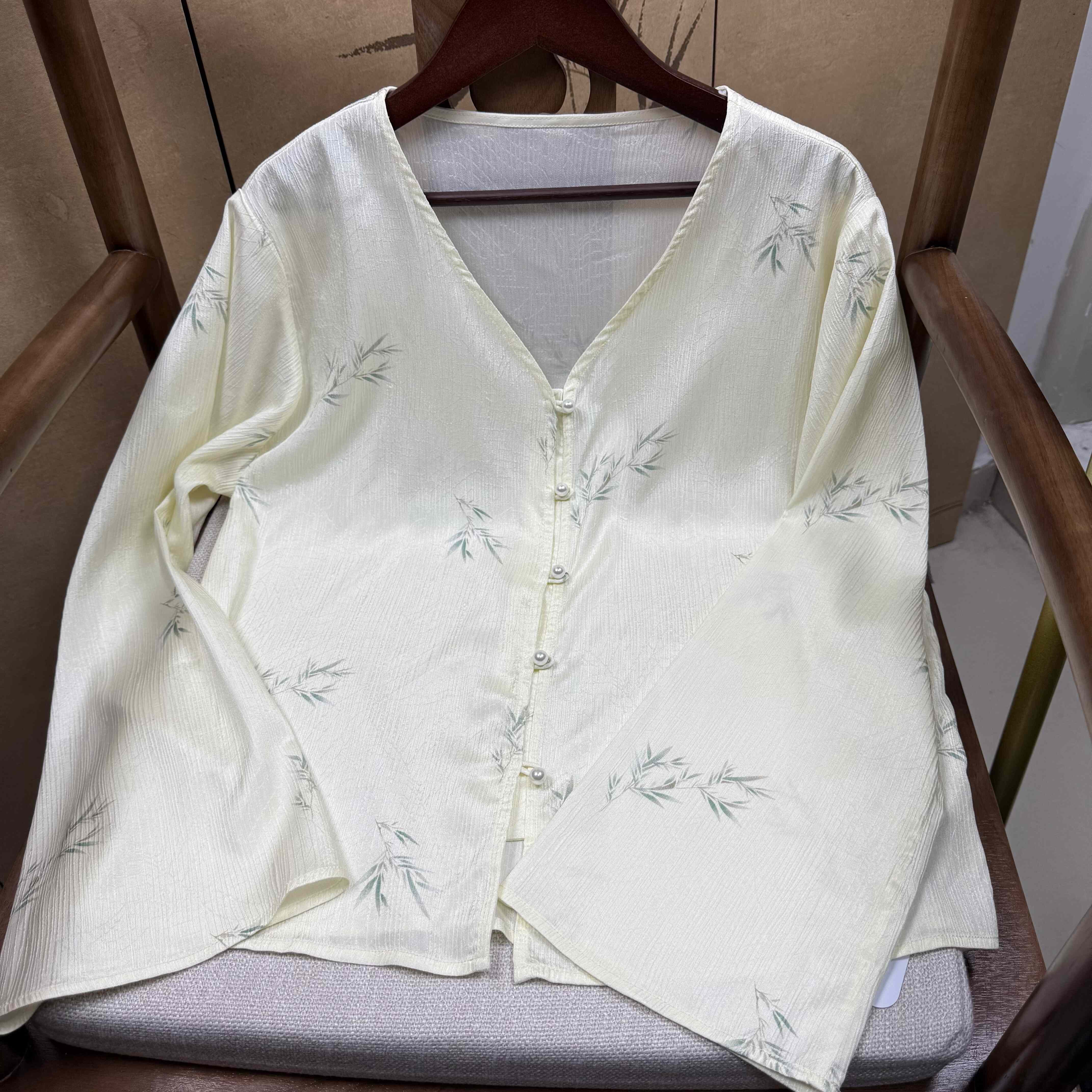 福利！100%桑蚕丝香槟色竹叶冠乐绉V领长袖新中式国风气质百搭