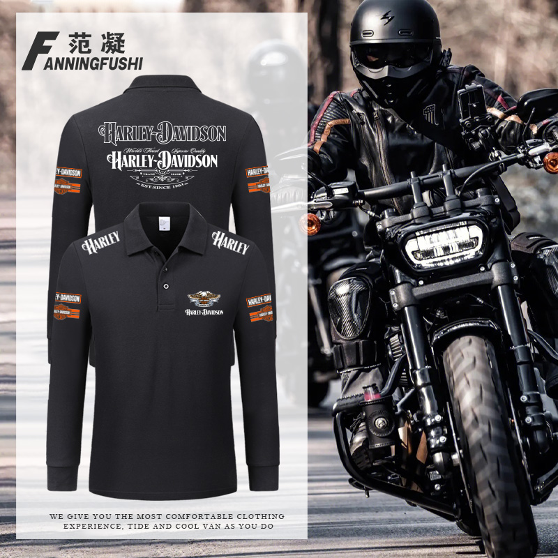 哈戴维森摩托重机车复古印花赛车POLO衫长袖户外骑行T恤衫长袖