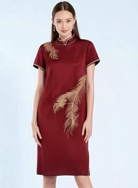 17376/68676刺绣中长红色中式改良版高贵婚庆礼服旗袍新中式