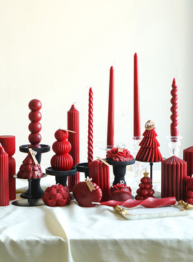 红色蜡烛曲线酒红色法式复古大豆蜡香薰蜡烛浪漫喜烛结婚家用烛