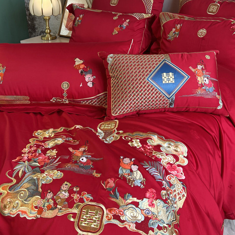 中式风红色婚庆全棉四件套提花刺绣长绒棉床上用品奢华十件套