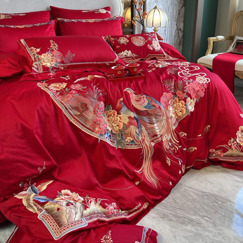 贡缎长绒棉婚庆刺绣四件套红色全棉中式风高端奢华床上用品