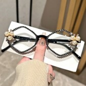 显年轻老光 饰菱形个性 跨境时尚 精致镶钻珍珠老花镜优雅气质花朵装