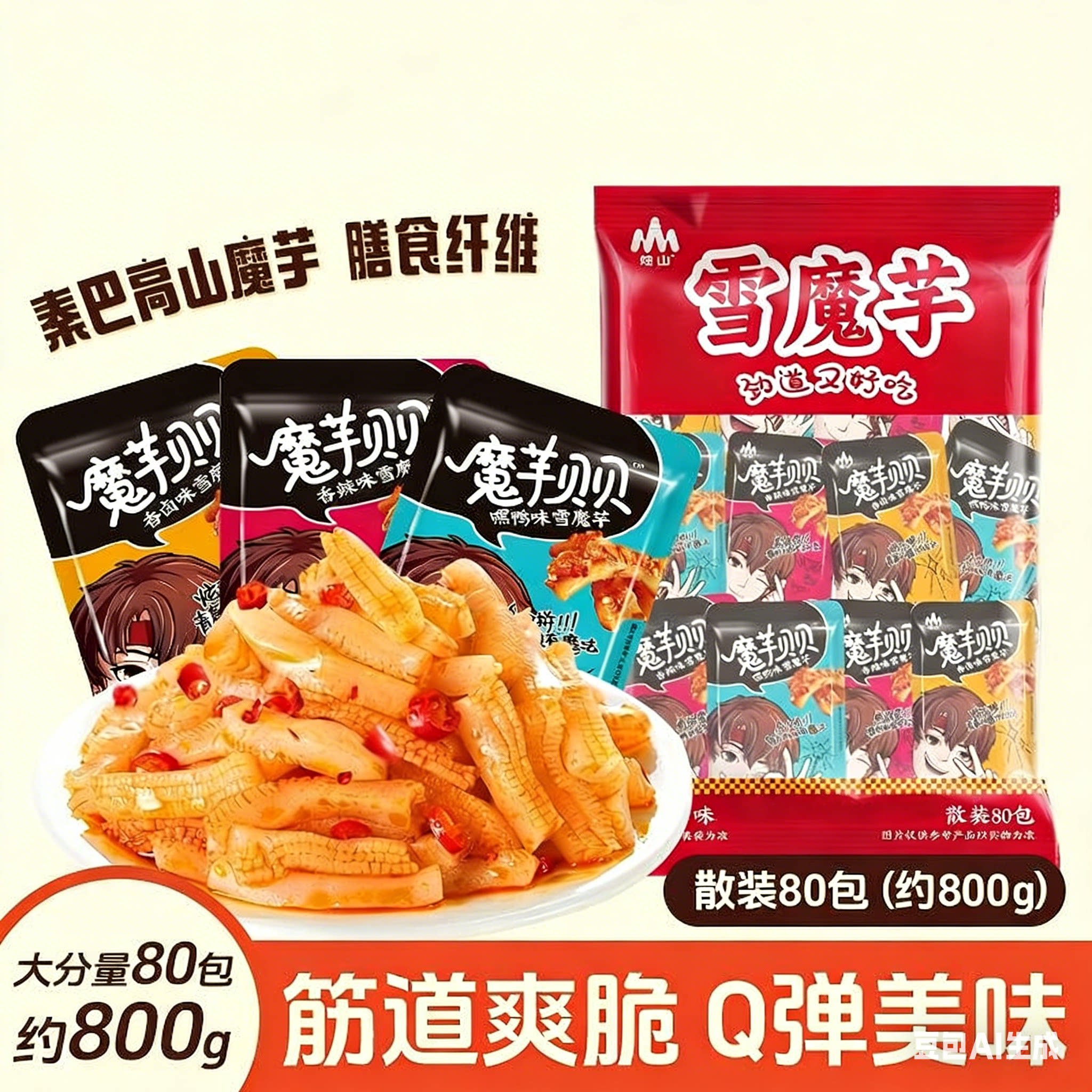 魔芋爽80包三口味组合素毛肚休闲零食香辣解馋大包装夜宵麻辣素肉