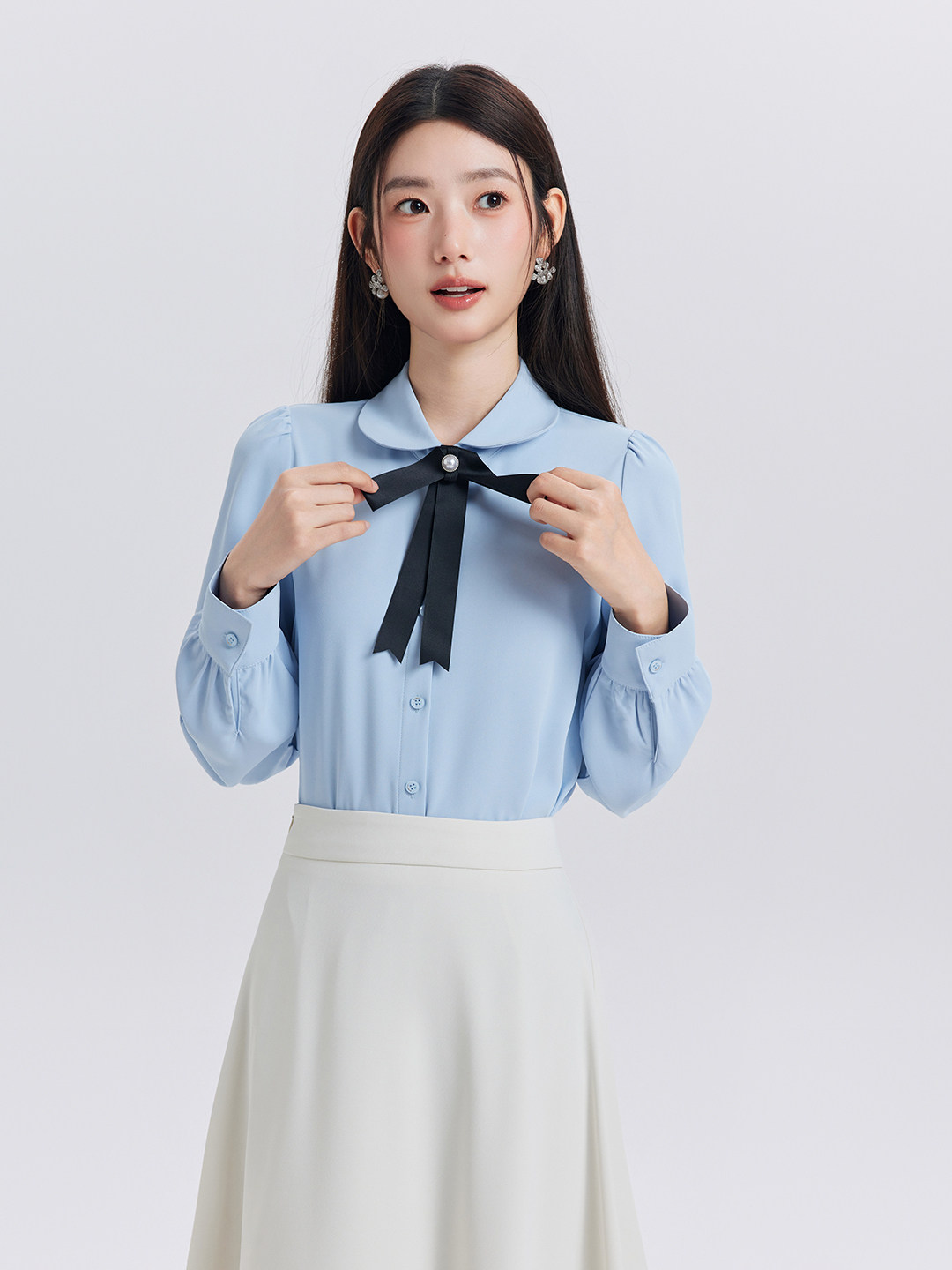 蓝色娃娃领蝴蝶结衬衫女长袖面试正装职业通勤职场穿搭衬衣工作服
