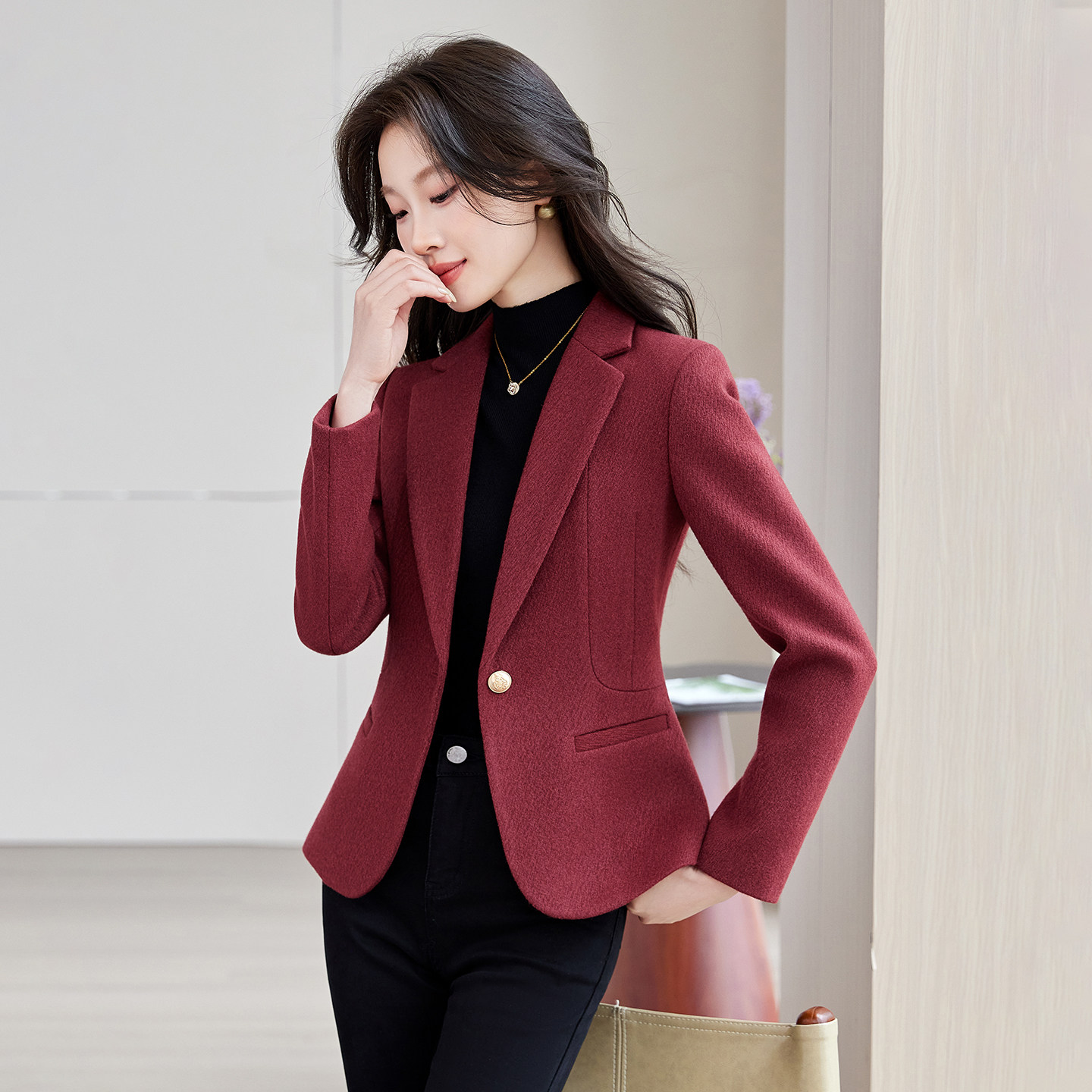 红色西装外套女修身小个子长袖一粒扣气质职业装2026新款西服上衣