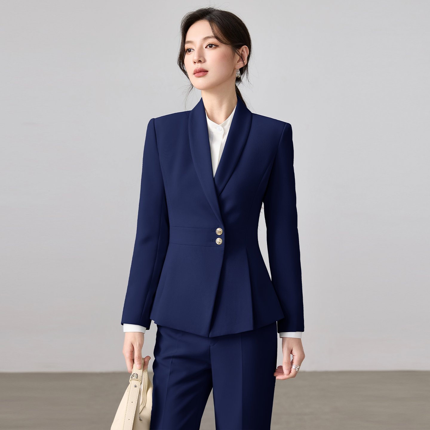 蓝色西装套装女2026秋季长袖职业装通勤正装两件套珠宝店工作服秋