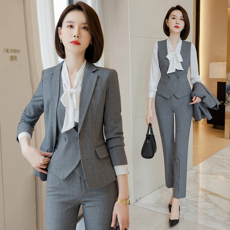 灰色西装外套女2025新款高级感职业正装套装三件套气质工装工作服