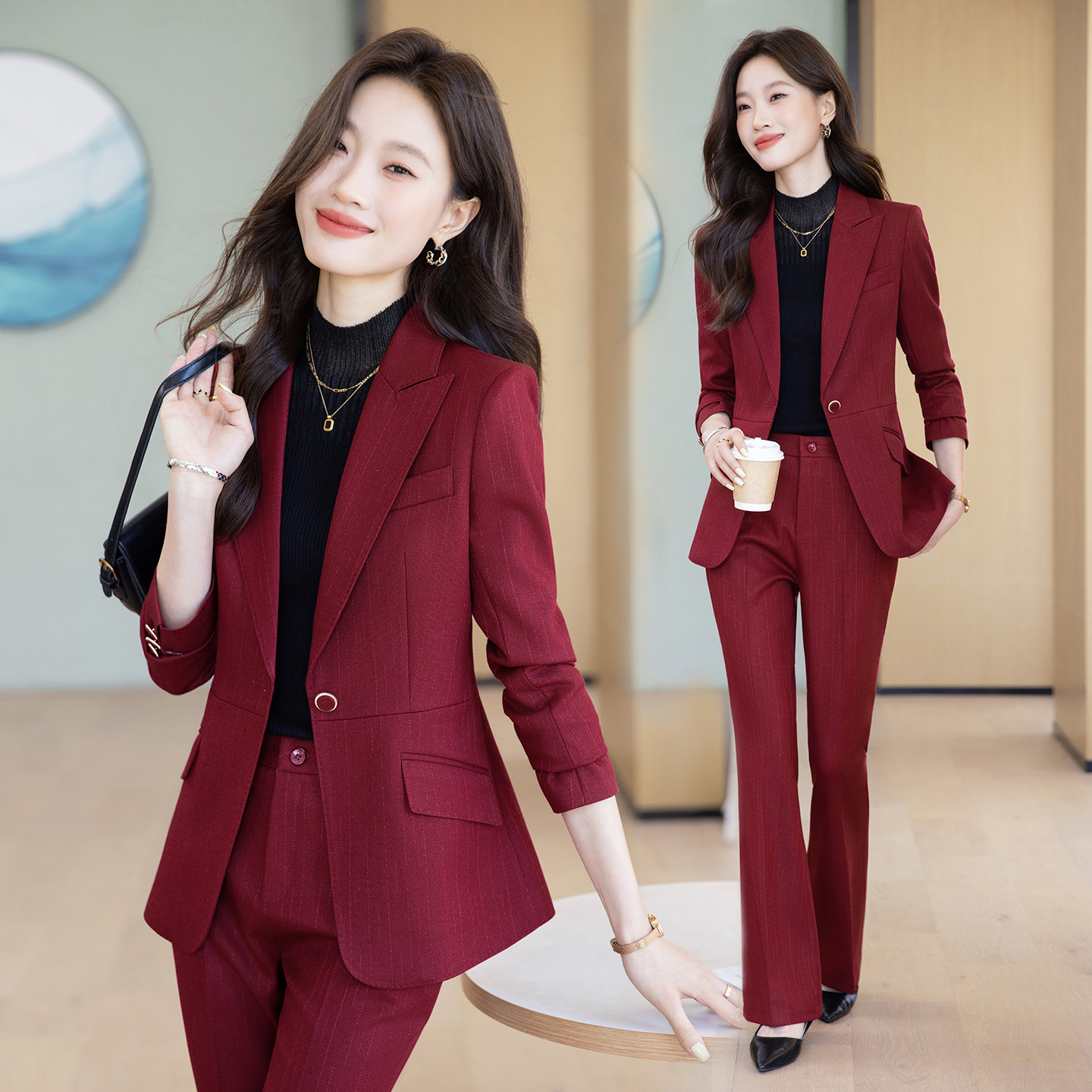 酒红色西装外套女2025春新款商务西装主持人正装职业女套装工作服