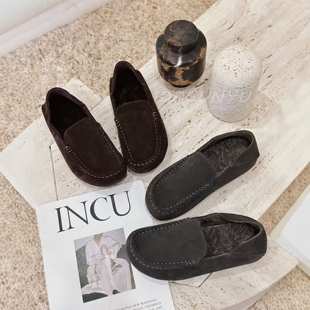 IDO女鞋2025新冬款爆款磨砂皮两穿加绒一脚蹬乐福鞋女毛里豆豆鞋