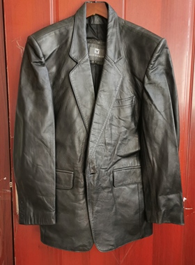 库存真皮皮衣男山羊皮西装外套黑色复古春秋休闲西服外套宽松上衣