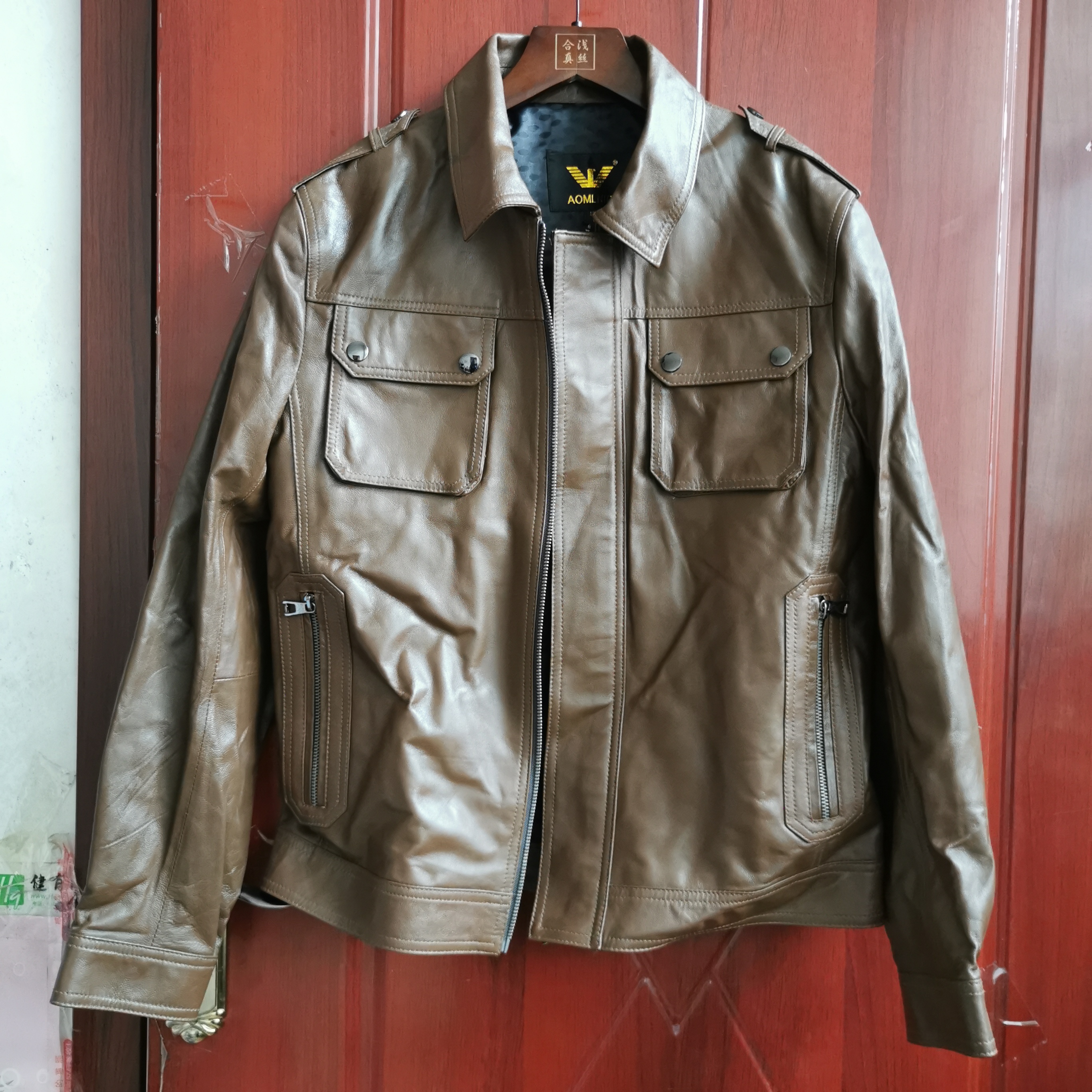 库存清仓真皮皮衣男短款真皮翻领羊皮机车服皮夹克外套男复古卡色