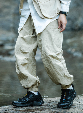 ASHFIRE2021AW格纹多口袋束脚长裤黑色休闲男机能工装裤潮裤户外