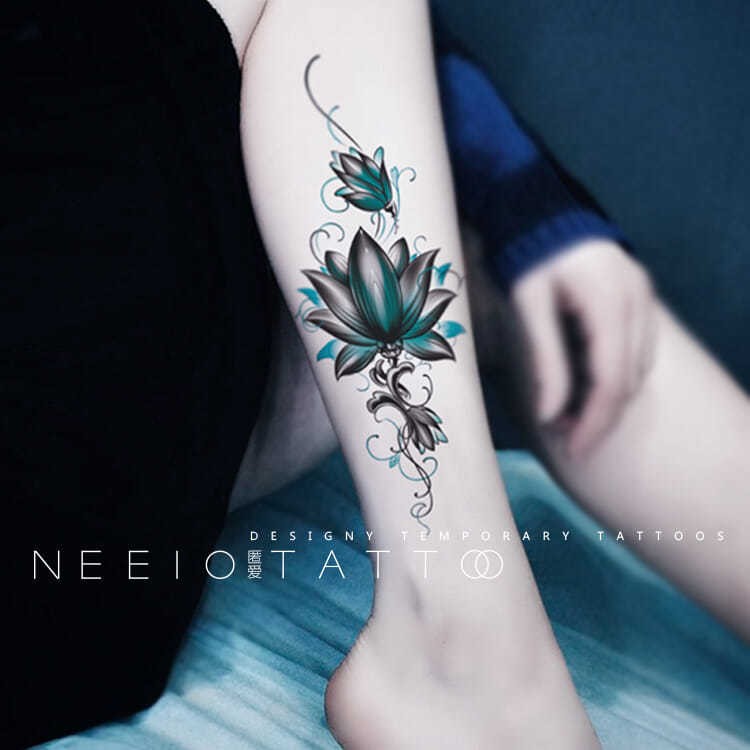 小众彩色纹身贴莲花藤蔓性感小腿部遮挡疤痕大图案防水持久仿真女