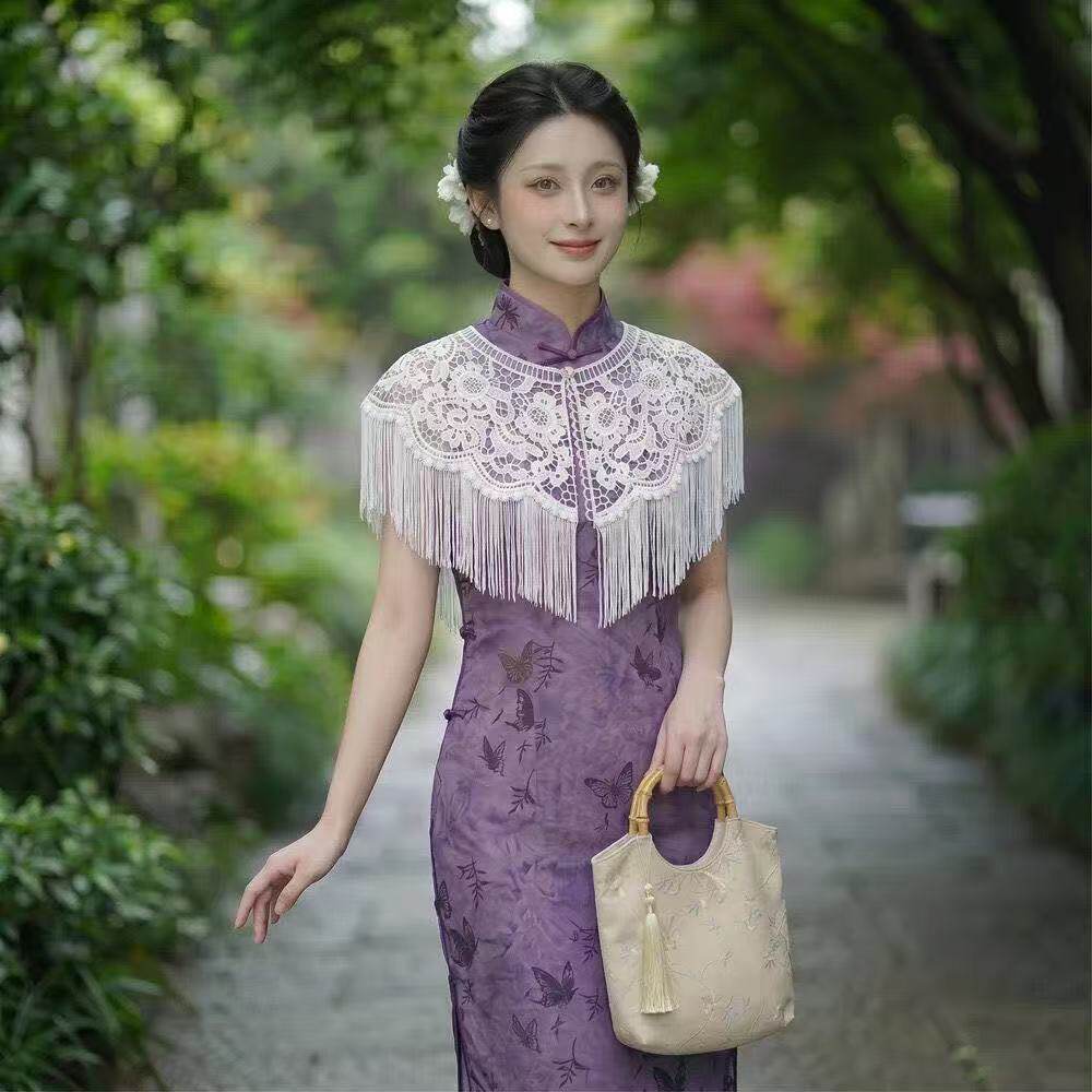 珍珠精致旗袍汉服重工水晶流苏云肩披肩复古百搭中式改良蕾丝古风