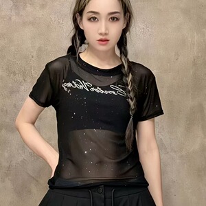 时尚新款潮流曳步舞薄款网纱圆领短袖上衣显瘦百搭广场舞防晒上衣
