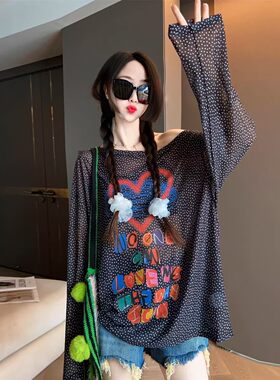 斜领露肩波点轻薄防晒衣长袖T恤女宽松海边沙滩网纱微透罩衫泳衣