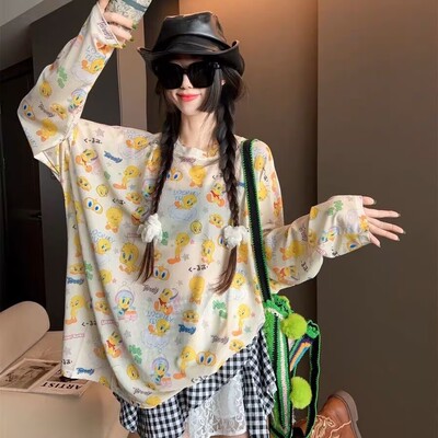 网红小黄鸭防晒衣长袖T恤女宽松海边沙滩度假网纱微透罩衫泳衣女