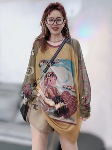 大码女装胖M微透网纱长袖T恤女中长款拼接撞色女孩印花防晒衣罩衫