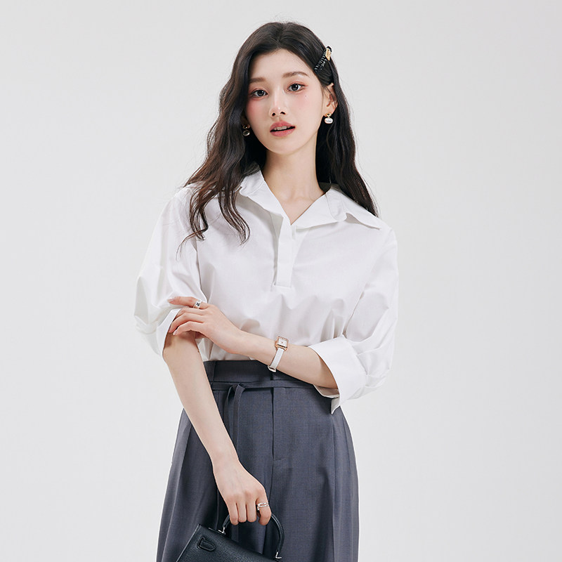 达佳诗白色衬衫女时尚松弛感休闲纯色百搭衬衣职场通勤气质上衣