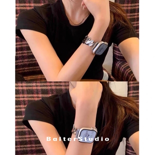 Balter時髦復(fù)古銀色金屬不銹鋼高級感適用于蘋果iwatch9876se表帶
