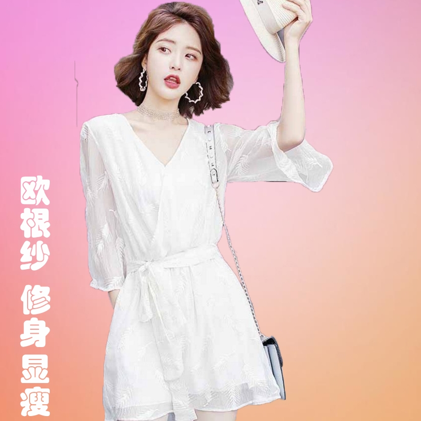 2018女夏新款矮小个子显高欧货蕾丝欧根纱极简主义抖音短款连衣裙