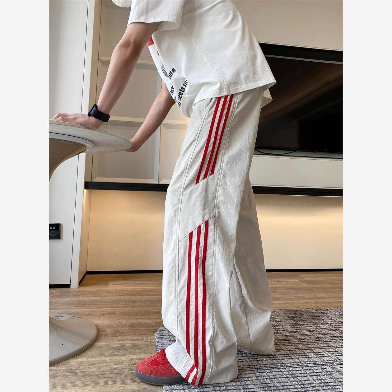 美式三条杠条纹速干冰丝裤女士宽松直筒阔腿休闲跳舞运动裤子秋季